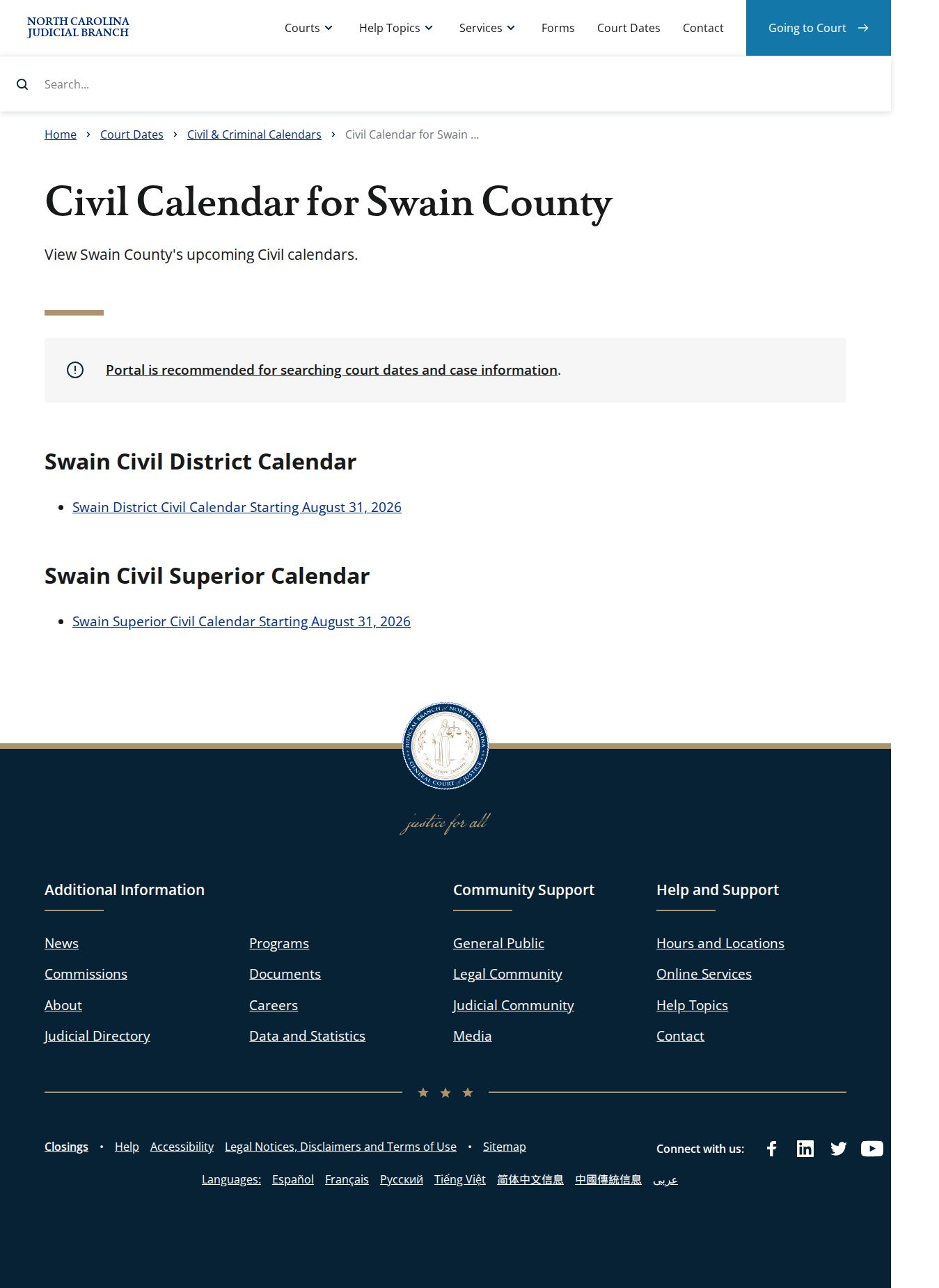 Swain County civil docket calendar interface