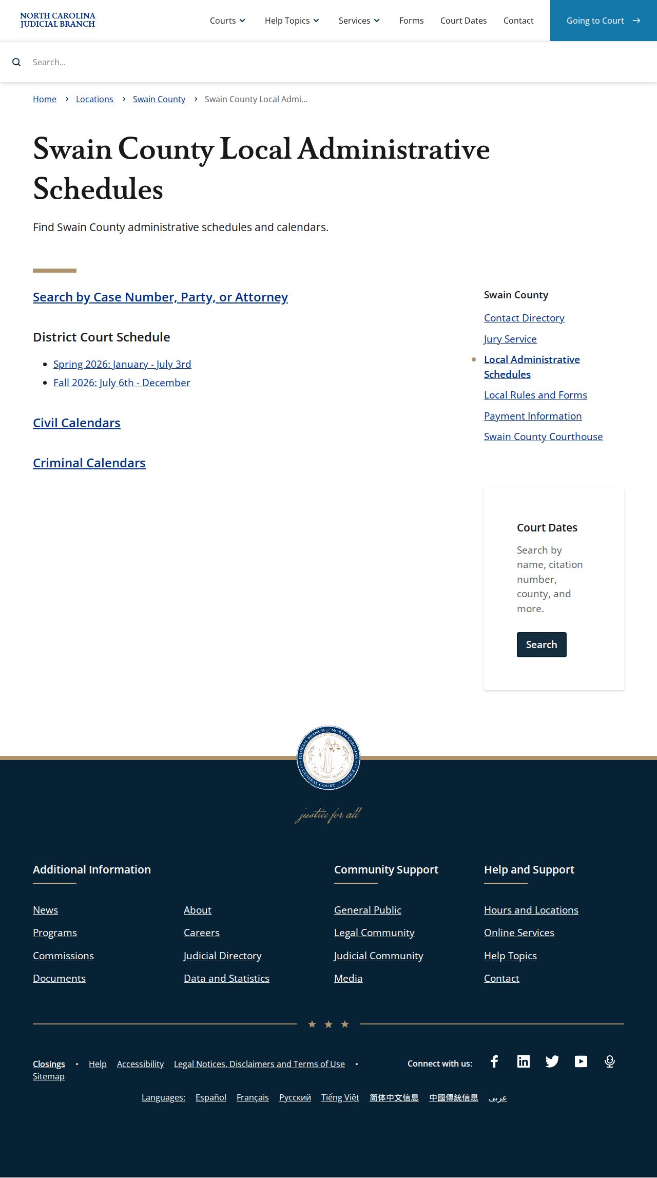 Swain County court schedule and calendar source page