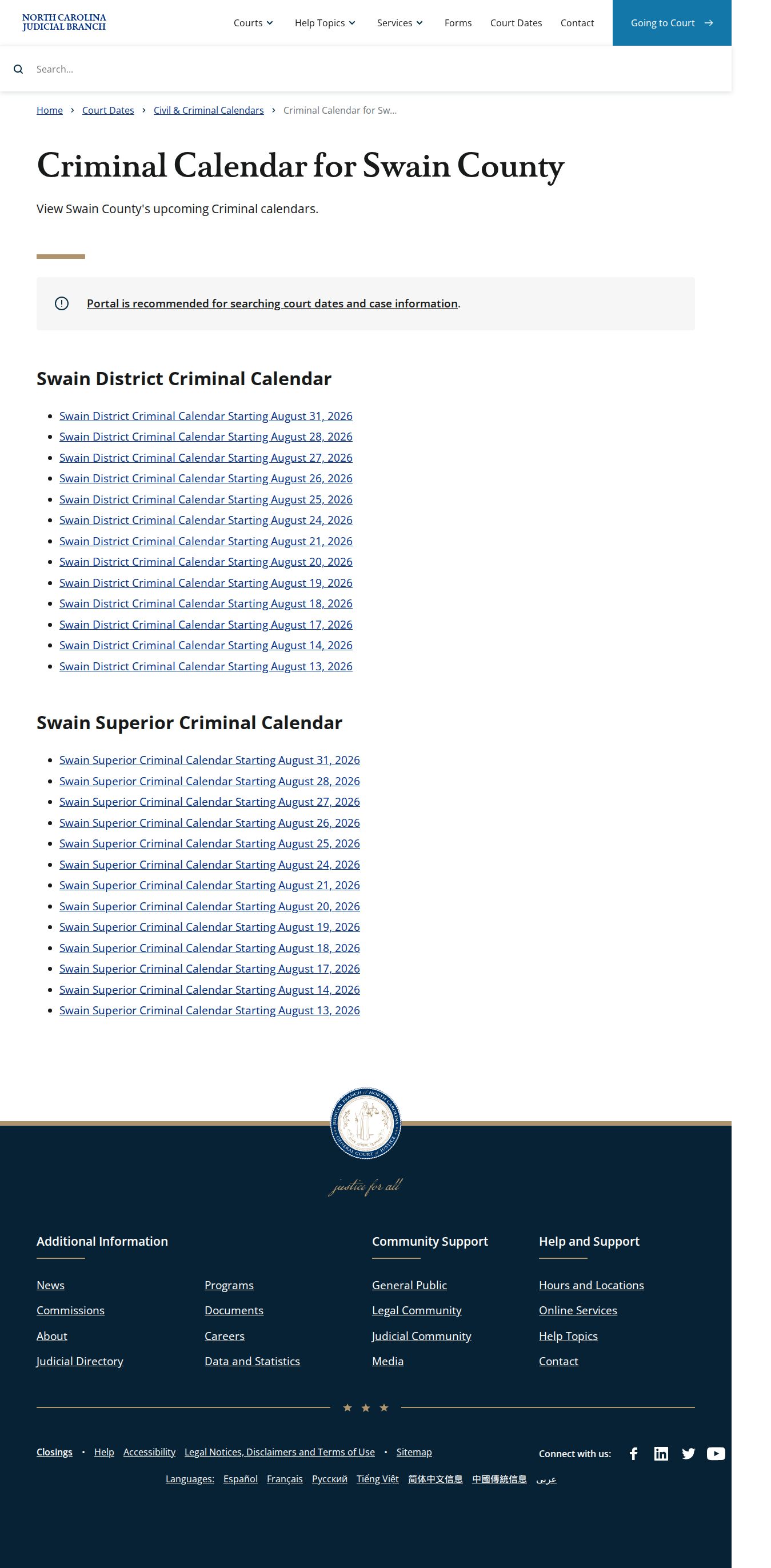 Swain County criminal docket calendar interface