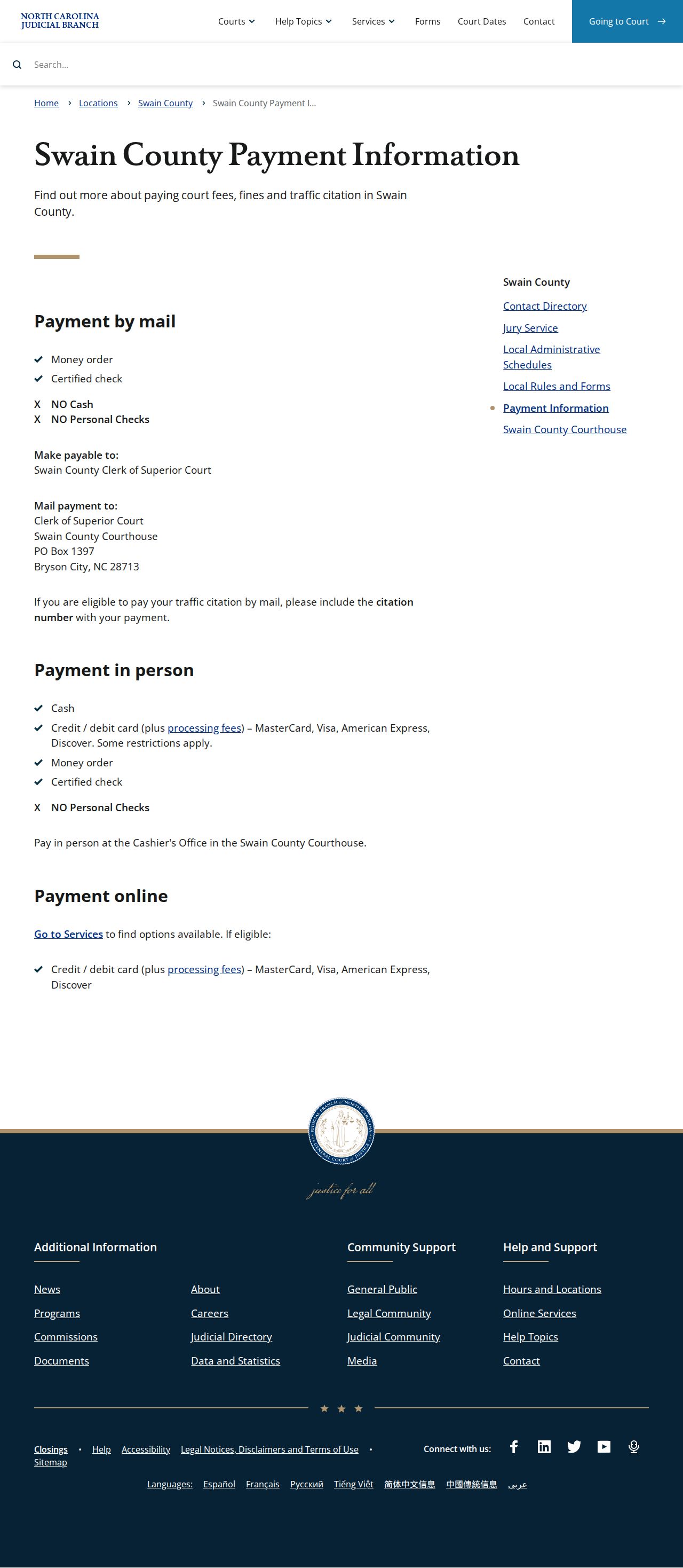 Swain County traffic court records payment information page